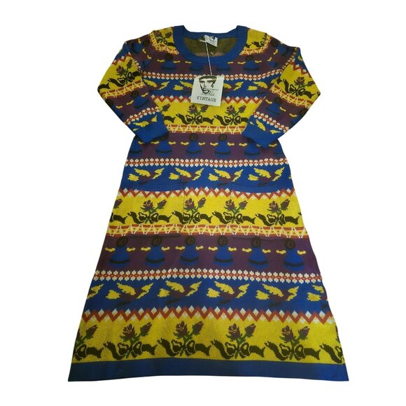 Betsey Johnson Dresses & Skirts - Betsey Johnson Vintage Knit Sweater Dress Folk Art Pattern Yellow/Blue/Purple S